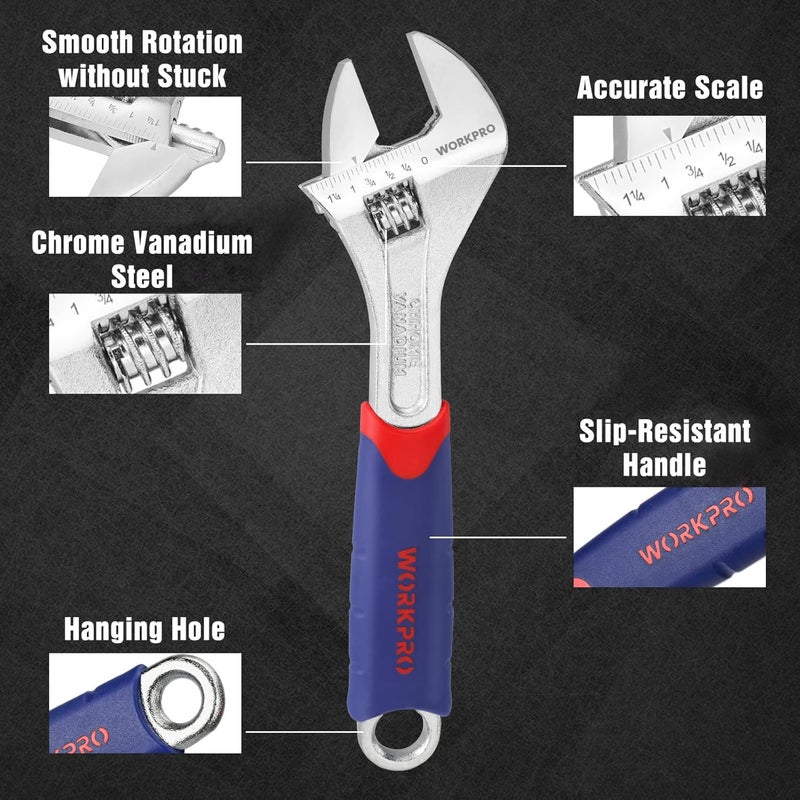 WORKPRO 3-piece Adjustable Wrench Set CR-V with Rubberized Anti-Slip Grips 10-inch, 8-inch, 6-inch - Image 3