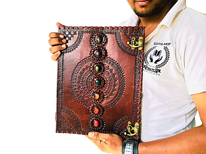 ALCRAFT Handmade Leather Diary Journal Seven Chakra Medieval Stone with C Lock Daily Planner Guest Book- 10 X 13 Inch, Brown - Image 1