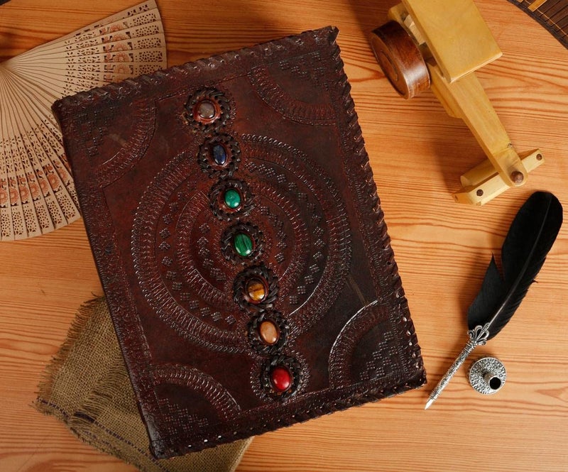 ALCRAFT Handmade Leather Diary Journal Seven Chakra Medieval Stone with C Lock Daily Planner Guest Book- 10 X 13 Inch, Brown - Image 2