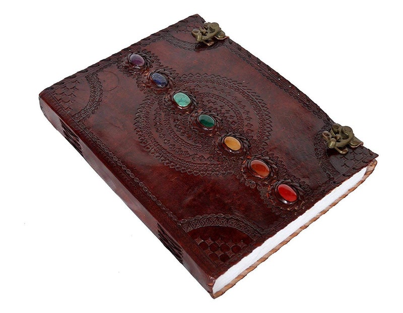 ALCRAFT Handmade Leather Diary Journal Seven Chakra Medieval Stone with C Lock Daily Planner Guest Book- 10 X 13 Inch, Brown - Image 4