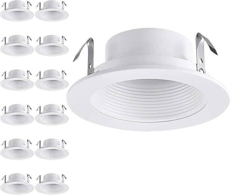 TORCHSTAR 12-Pack 4 Inch Classic White Recessed Light Trim, Metal Can Light Trim, Step Baffle with Ring, Fit Halo/Juno Remodel Recessed Housing, 4 Inch Trim for PAR16, PAR20, BR20, White - Image 1