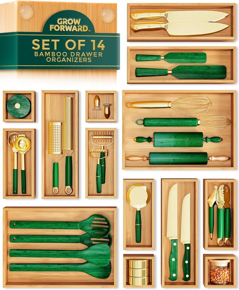 Grow Forward Bamboo Drawer Organizer Boxes - Set of 14 Wooden Drawer Organizers for Kitchen, Bathroom, Office, Desk, Vanity, Makeup - Non-Slip Junk Drawer Organizer Trays for Storage and Organization - Image 1