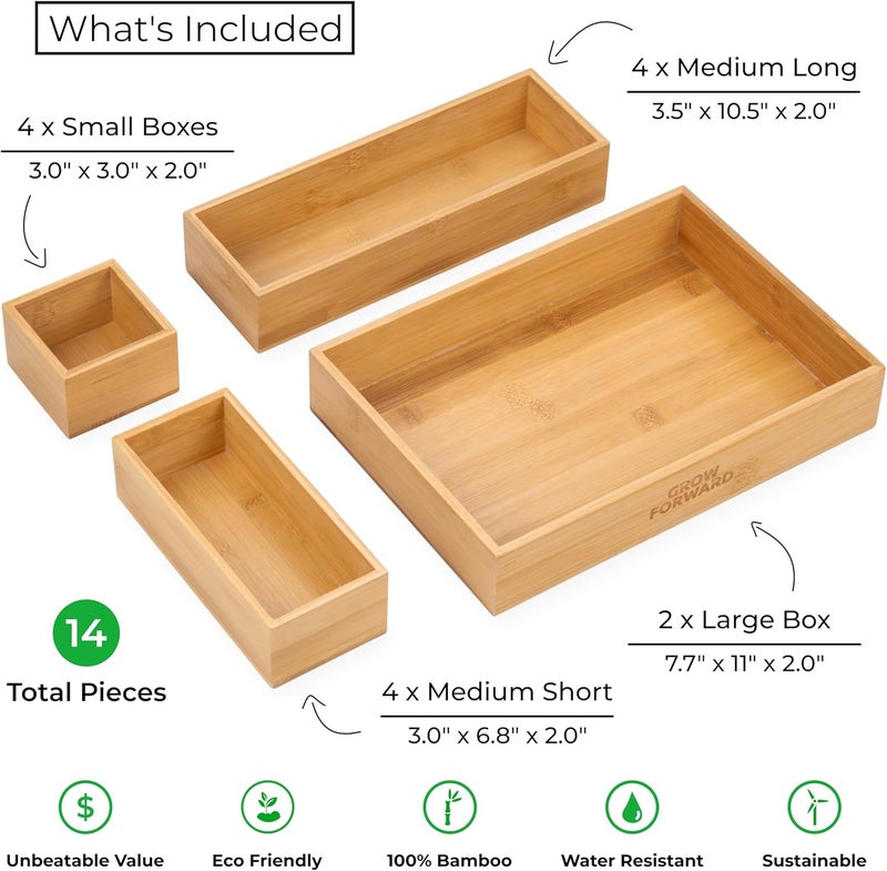Grow Forward Bamboo Drawer Organizer Boxes - Set of 14 Wooden Drawer Organizers for Kitchen, Bathroom, Office, Desk, Vanity, Makeup - Non-Slip Junk Drawer Organizer Trays for Storage and Organization - Image 3