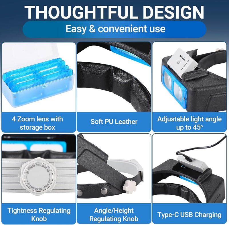 يوكتوسون عصابة رأس مكبرة من YOCTOSUN مع 4 عدسات، 4 أضواء LED وعلبة تخزين، نظارات مكبرة مع إضاءة للأعمال القريبة، واقي رأس مكبر بدون استخدام اليدين للهوايات، الصائغين، الحرف اليدوية - Image 4