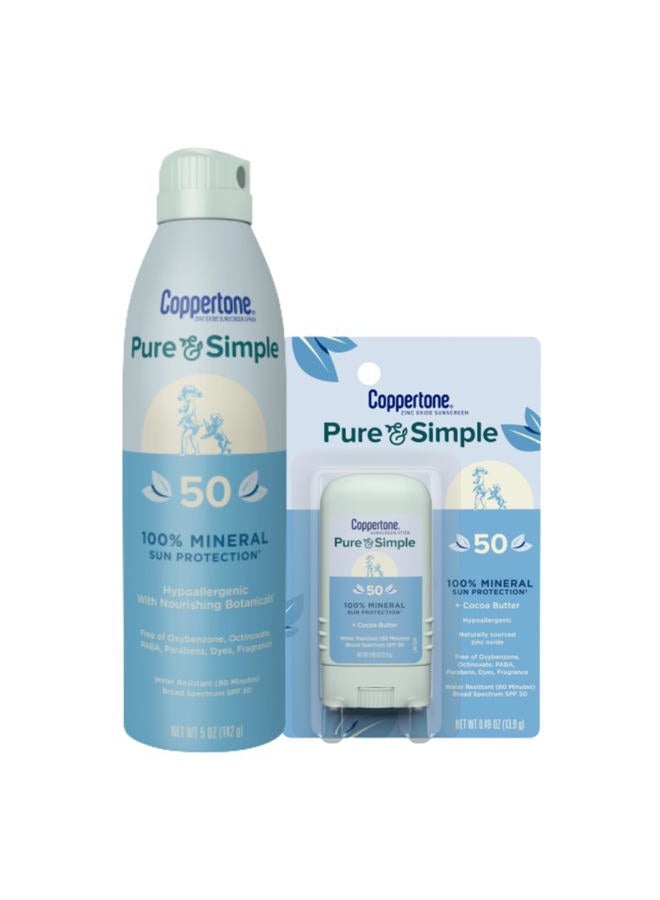 Coppertone Pure and Simple Mineral Sunscreen Spray SPF 50 (5 Oz) + Sunscreen Stick SPF 50 (0.49 Oz) for Sensitive Skin with Zinc Oxide Protection, Hypoallergenic  - Image 1