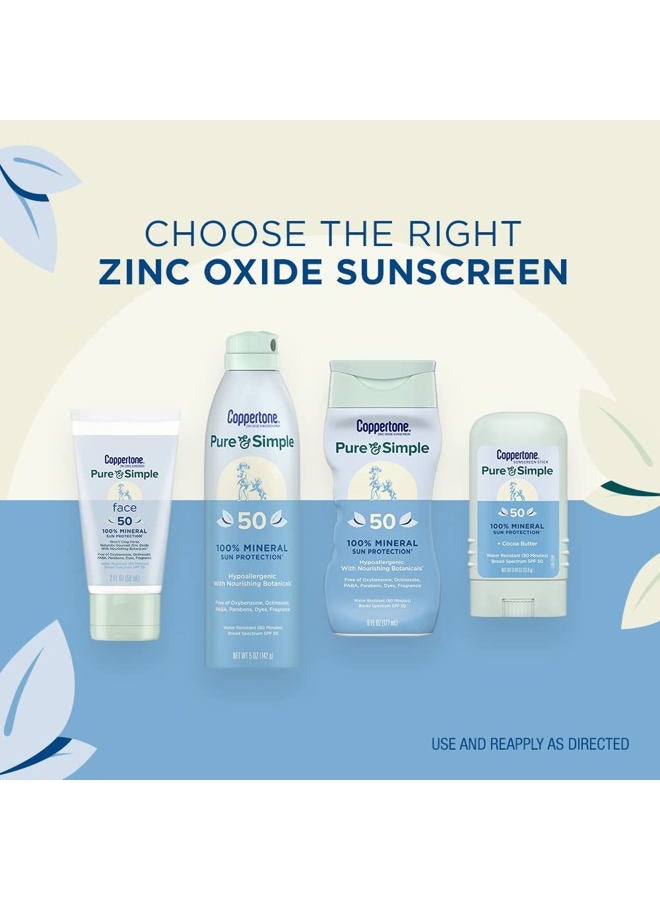 Coppertone Pure and Simple Mineral Sunscreen Spray SPF 50 (5 Oz) + Sunscreen Stick SPF 50 (0.49 Oz) for Sensitive Skin with Zinc Oxide Protection, Hypoallergenic  - Image 5