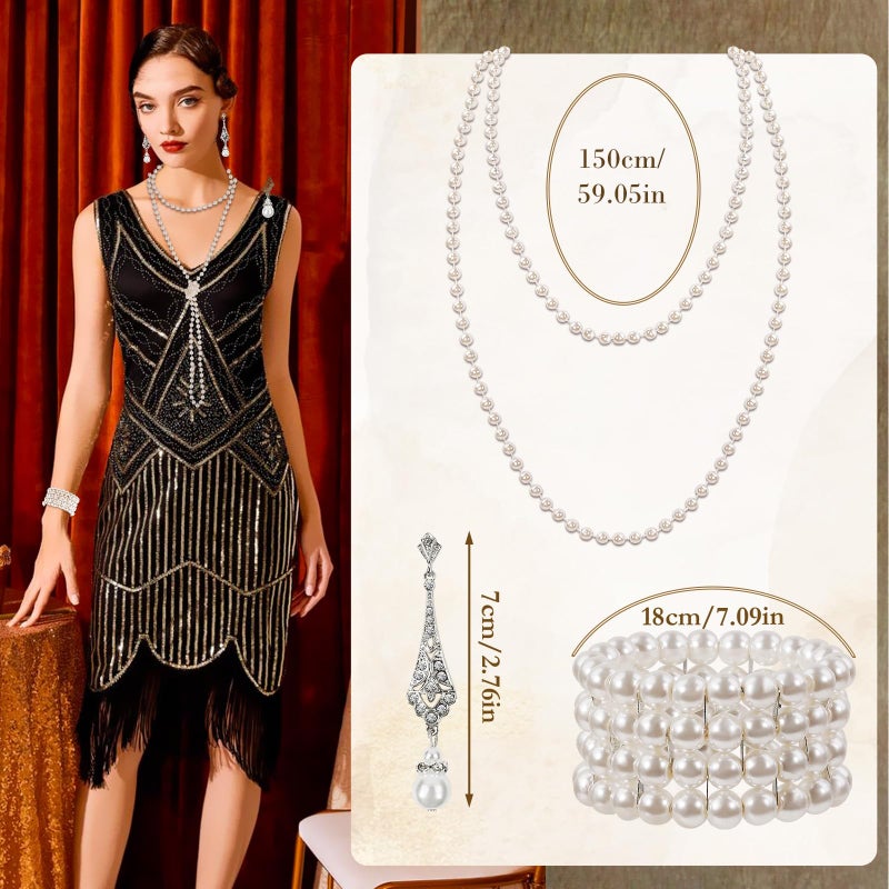 GHGMAO 1920s Pearl Jewelry Set - Long Pearl Necklace and Earring Set, Multilayer Pearls Bracelet - Flapper Accessories for Women (Elegant) - Image 3