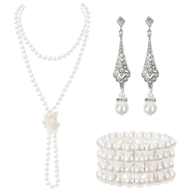 GHGMAO 1920s Pearl Jewelry Set - Long Pearl Necklace and Earring Set, Multilayer Pearls Bracelet - Flapper Accessories for Women (Elegant) - Image 1