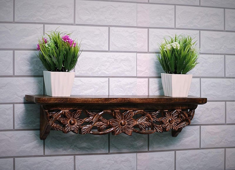 BOGEN LITE Beautiful Hand Carved Wood Lacquered Wall mounting Decor Shelf for Living Room Brown Set of 1 225 x 45 x 5 InchesClassic 1