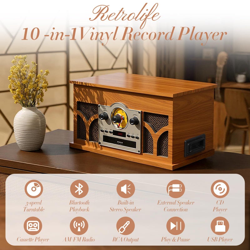 Retrolife مشغل أسطوانات 10 في 1 مع مكبرات صوت مدمجة، تشغيل لاسلكي، مشغل أقراص مضغوطة وكاسيت، مشغل USB، راديو AM/FM، مشغل أسطوانات فونوغراف بسرعة 3 سرعات، خشب الماهوجني - Image 2