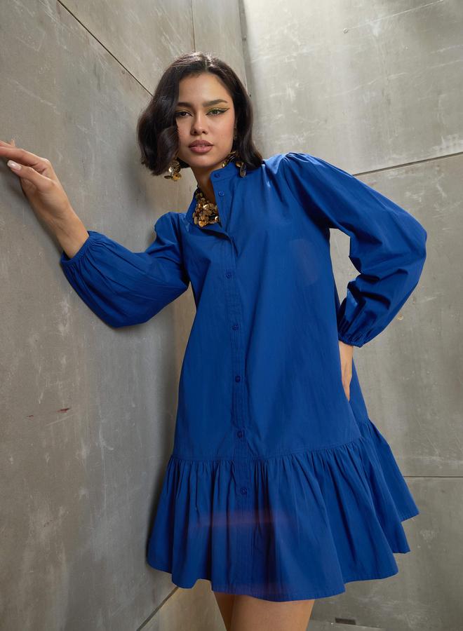 Sassafras Blue Poplin Frill Hem Mini Dress - Image 1