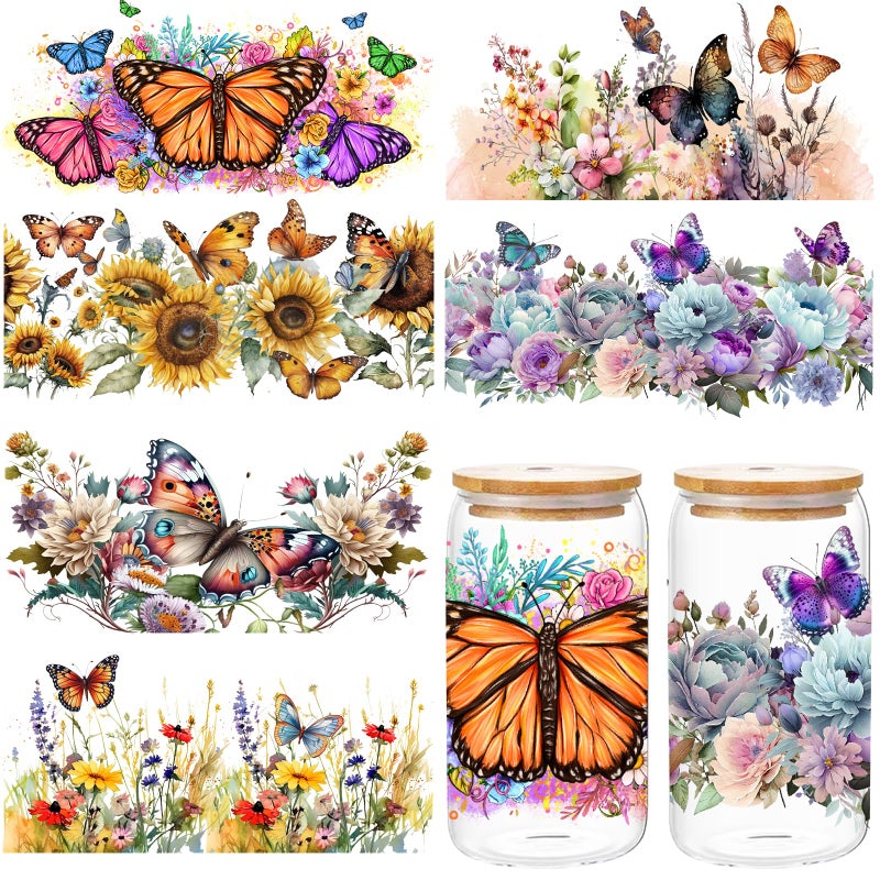 UV DTF Cup Wrap Stickers For Glass Cups6Sheet Flower Butterfly UVDTF Cup Wraps For Water Glasses 16OZ Spring Summer Butterflies UV DTF Transfer Sticker UV DTF Decals Rub On Transfers For Crafts Decor