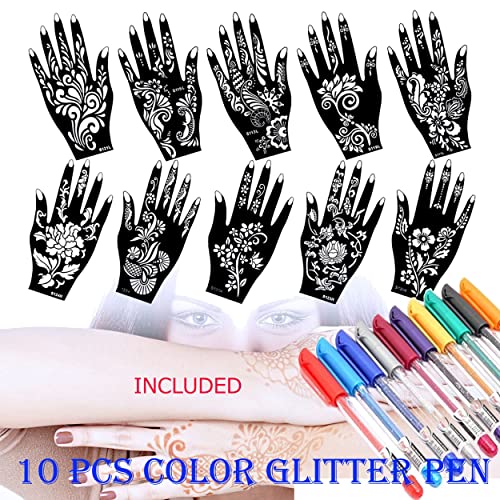 Ivana's - 10 Sheets Henna Tattoo Stencils Temporary Tattoo Temples Set Indian Arabian Tattoos Stickers Stencils Body Art Designs for Hands (Heena Tatto with Glitter Pen) - Image 2