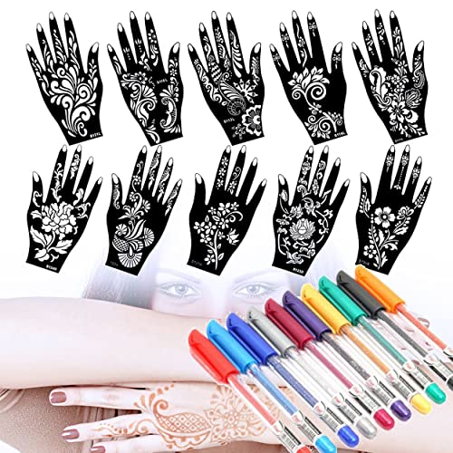 Ivana's - 10 Sheets Henna Tattoo Stencils Temporary Tattoo Temples Set Indian Arabian Tattoos Stickers Stencils Body Art Designs for Hands (Heena Tatto with Glitter Pen) - Image 1