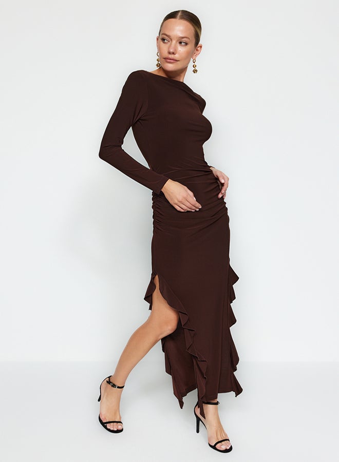 trendyol Brown Skirt Flounced Boat Kaya Maxi Stretchy Knitted Dress - Image 2