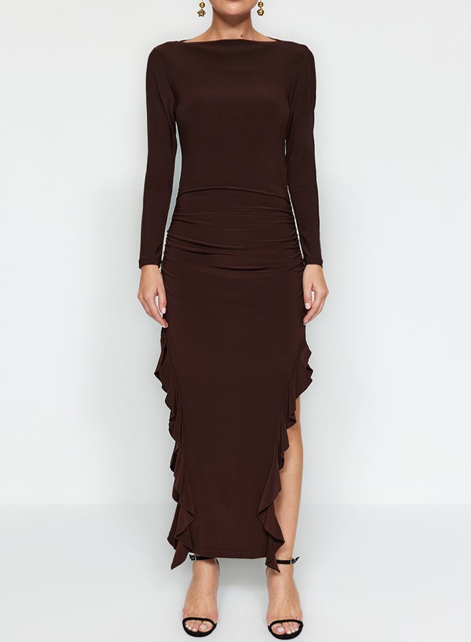 trendyol Brown Skirt Flounced Boat Kaya Maxi Stretchy Knitted Dress - Image 4