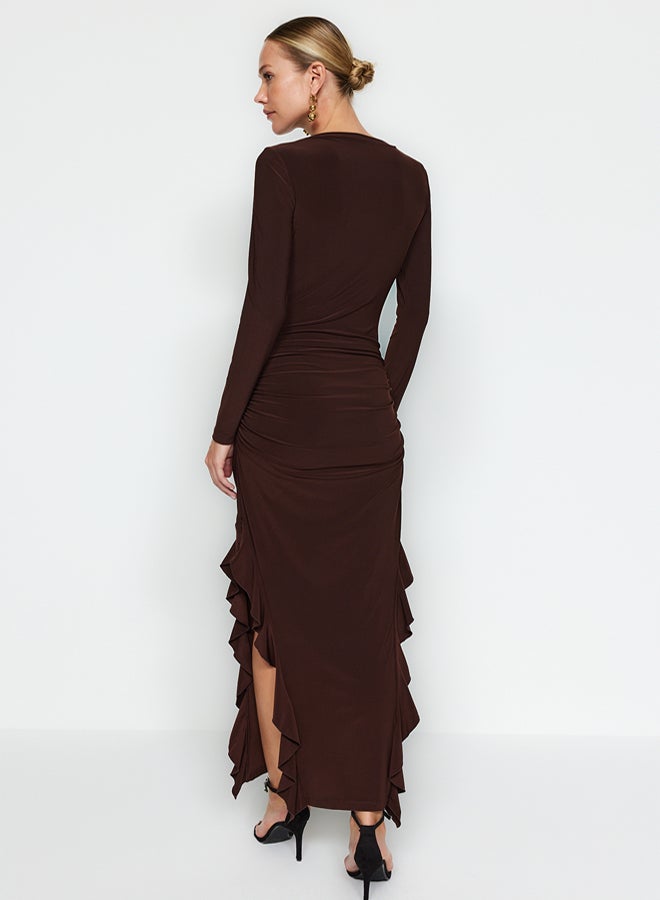 trendyol Brown Skirt Flounced Boat Kaya Maxi Stretchy Knitted Dress - Image 5