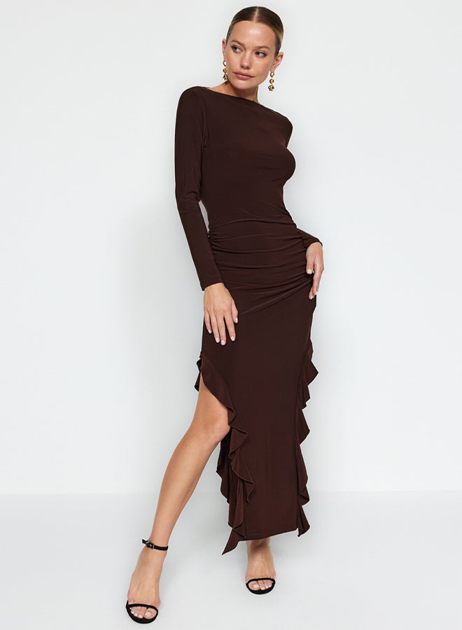 trendyol Brown Skirt Flounced Boat Kaya Maxi Stretchy Knitted Dress - Image 1