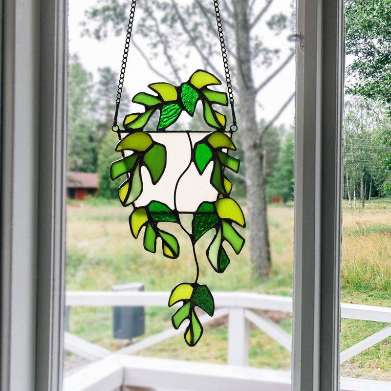 BOXCASA Monstera Leaf Fake Plant Decor Artificial Green Plant Suncatcher for Window Stained Glass Window Hanging Plant Monstera Faux Plants Decoration Gift for Plant Lover Mom Grandma - Image 5
