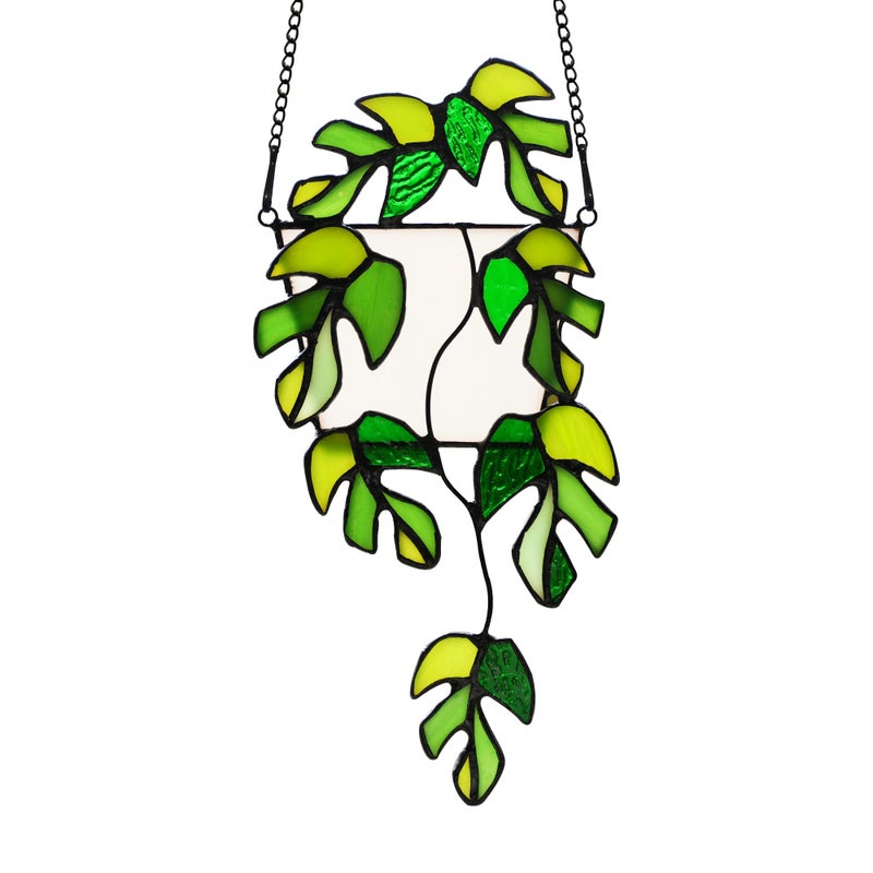 BOXCASA Monstera Leaf Fake Plant Decor Artificial Green Plant Suncatcher for Window Stained Glass Window Hanging Plant Monstera Faux Plants Decoration Gift for Plant Lover Mom Grandma - Image 1
