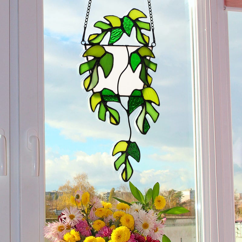 BOXCASA Monstera Leaf Fake Plant Decor Artificial Green Plant Suncatcher for Window Stained Glass Window Hanging Plant Monstera Faux Plants Decoration Gift for Plant Lover Mom Grandma - Image 4
