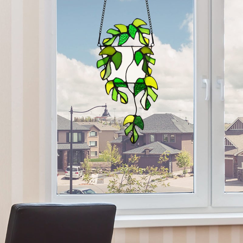BOXCASA Monstera Leaf Fake Plant Decor Artificial Green Plant Suncatcher for Window Stained Glass Window Hanging Plant Monstera Faux Plants Decoration Gift for Plant Lover Mom Grandma - Image 3