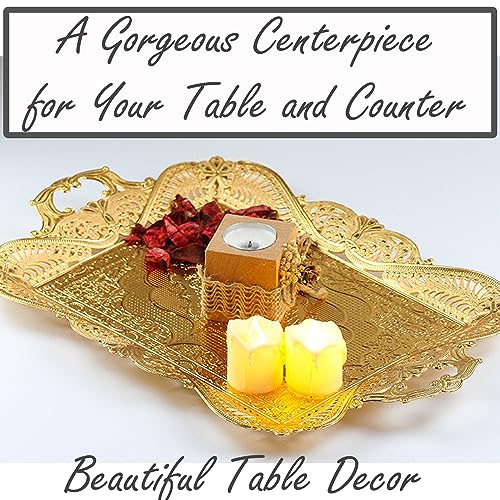 Vissmarta Gold Turkish Coffee Tea Serving Tray Table Home Decor Decorative Handle - Gold Vintage Brass Fancy Rectangle Style Traditional Rustic Bar Outdoor Wedding Arabic Farmhouse Wedding Decor Tray - Image 4