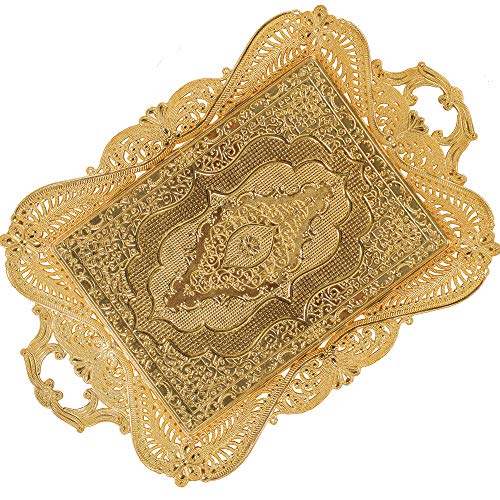 Vissmarta Gold Turkish Coffee Tea Serving Tray Table Home Decor Decorative Handle - Gold Vintage Brass Fancy Rectangle Style Traditional Rustic Bar Outdoor Wedding Arabic Farmhouse Wedding Decor Tray - Image 1