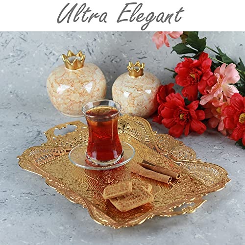 Vissmarta Gold Turkish Coffee Tea Serving Tray Table Home Decor Decorative Handle - Gold Vintage Brass Fancy Rectangle Style Traditional Rustic Bar Outdoor Wedding Arabic Farmhouse Wedding Decor Tray - Image 2