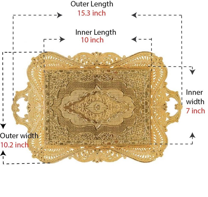 Vissmarta Gold Turkish Coffee Tea Serving Tray Table Home Decor Decorative Handle - Gold Vintage Brass Fancy Rectangle Style Traditional Rustic Bar Outdoor Wedding Arabic Farmhouse Wedding Decor Tray - Image 3
