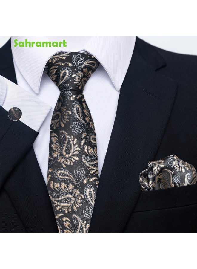 Sahramart Tie for men,Men Necktie Set with Handkerchief,Buttons,Tie Pin, 147 x 8 cm, Polyester, Suitable for dance parties, weddings, banquets, business, Comfortable and soft,Black+Gold Floral - Image 1