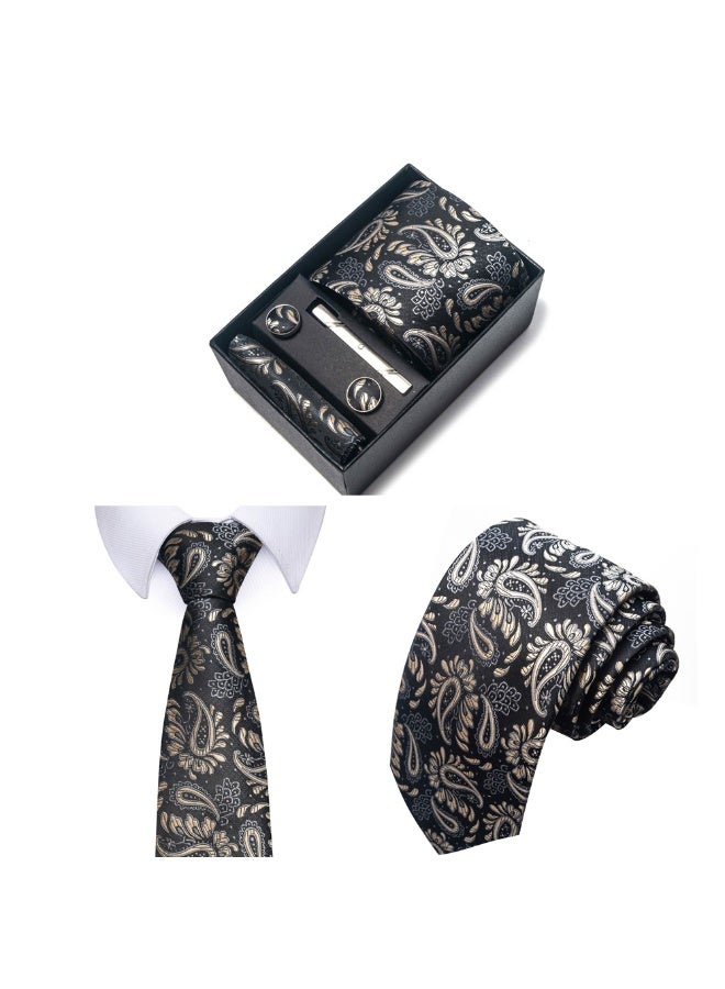 Sahramart Tie for men,Men Necktie Set with Handkerchief,Buttons,Tie Pin, 147 x 8 cm, Polyester, Suitable for dance parties, weddings, banquets, business, Comfortable and soft,Black+Gold Floral - Image 4