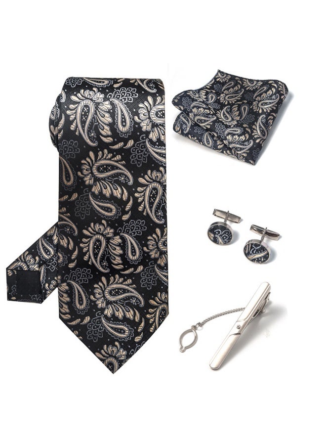 Sahramart Tie for men,Men Necktie Set with Handkerchief,Buttons,Tie Pin, 147 x 8 cm, Polyester, Suitable for dance parties, weddings, banquets, business, Comfortable and soft,Black+Gold Floral - Image 2