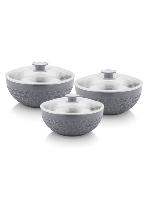 Adore 3pc Mixing Bowl Set Insulated Stainless Steel Inner Durable Plastic Outer with Lid and Knob 600ML,1200ML,1800ML - Grey