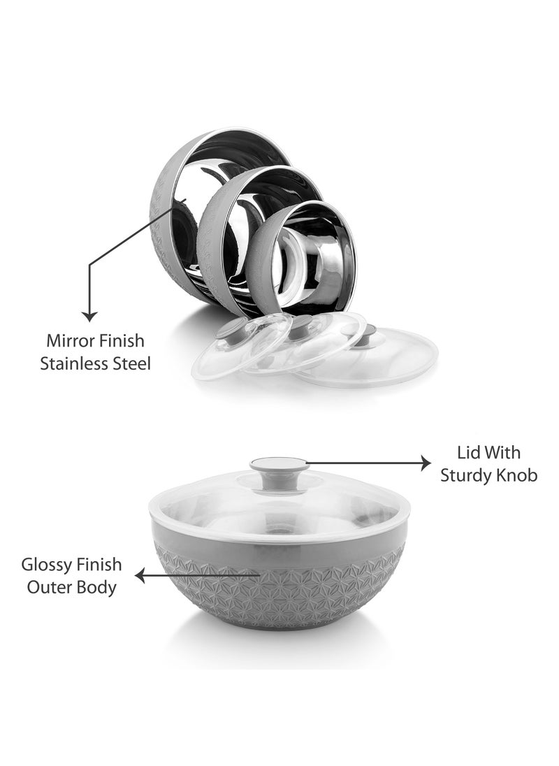 AXIS - Adore 3pc Mixing Bowl Set Insulated Stainless Steel Inner Durable Plastic Outer with Lid and Knob 600ML,1200ML,1800ML - Grey - Image 1