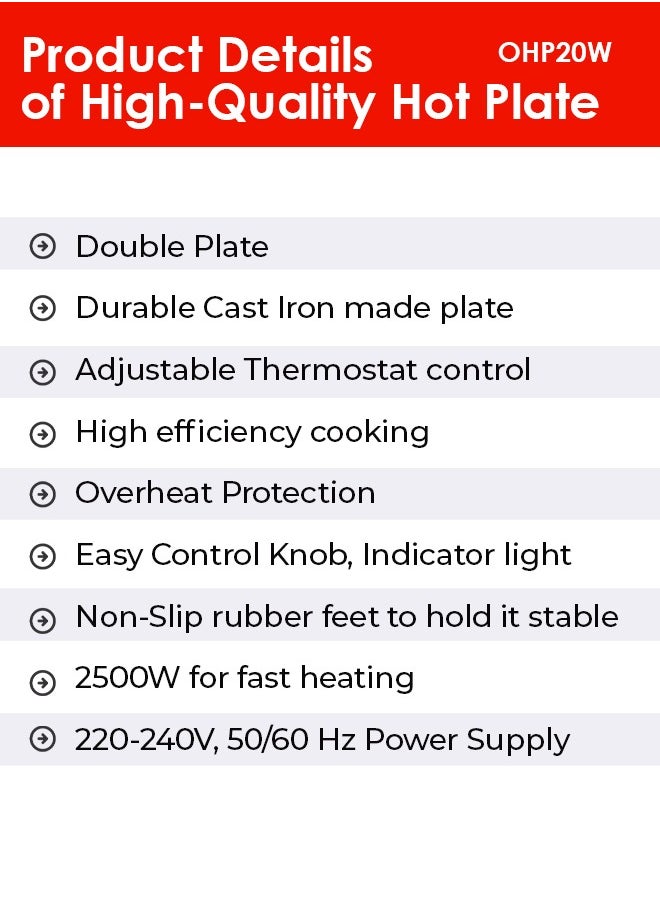 Oscar - Oscar OHP20W Double Hot Plate – 2500W High-Efficiency Cast Iron Plates, Adjustable Thermostat, Overheat Protection, Easy-to-Clean, Non-Slip Feet, Works with All Cookware, 220-240V Power Supply - Image 1
