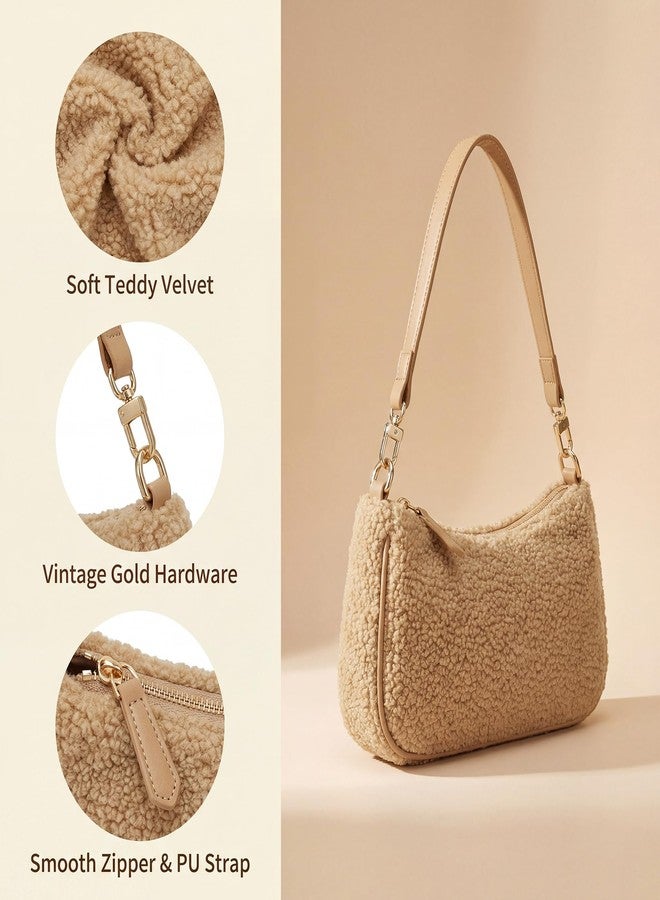 VODIU Sherpa Shoulder Bag for Women, Cute Hobo Purses Mini Clutch Handbag Retro Crossbody Bag with Chain - Image 4