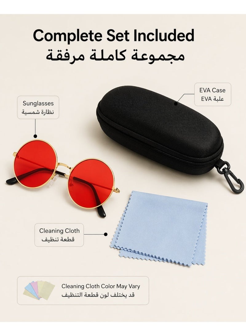 نظارات شمسية دائرية بتصميم كلاسيكي للرجال والنساء، إطار معدني وعدسات UV400 مع علبة EVA صلبة وقطعة تنظيف بلون عشوائي - Image 3