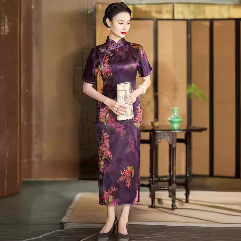 2024 Luxury Cheongsam Silk Floral Maxi Dress 277 