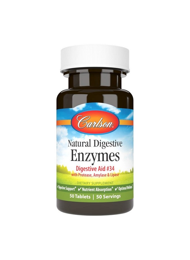 Carlson Natural Digestive Enzymes Digestive Aid 34 With Protease Amylase  Lipase Digestive Support Nutrient Absorption  Optimal Wellness 50 Tablets - Image 1