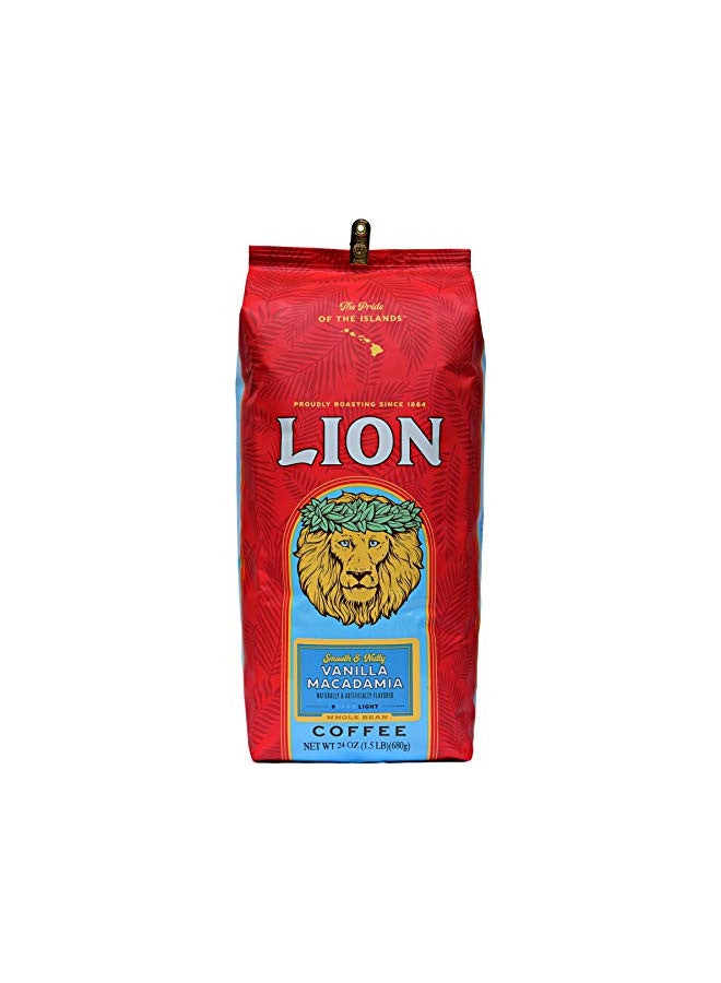 Lion Coffee Lion Coffee, Vanilla Macadamia Flavor, Light Roast, Whole Bean, 24 Ounce Bag  - Image 1