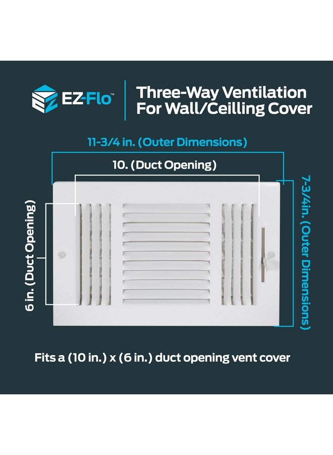 EZ-FLO 10 x 6 Inch (Duct Opening) White Air Vent Cover for Wall or Ceiling, Three-Way Ventilation Register, 11-3/4 Inch x 7-3/4 Inch (Overall Dimensions), Solid Steel HVAC Cover, 61614 - Image 2