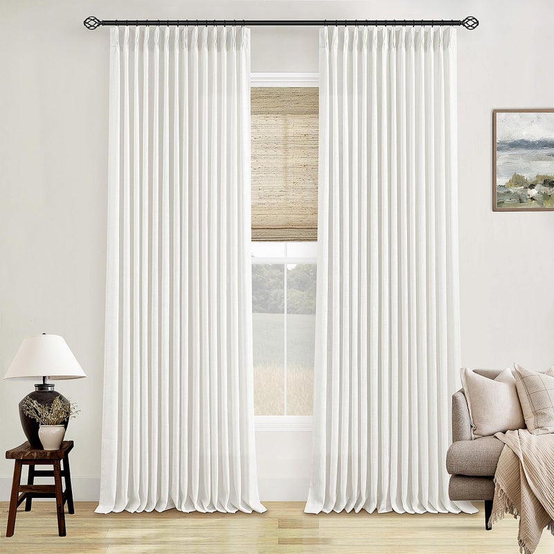TWODRAPES Off White Linen Curtains 102 Inches Long 2 Panels for Living Room Modern Thick Linen Flax Pinch Pleated Memory Trained Light Filtering Ceiling Semi Sheer Curtain with Hook Rings Ivory Beige White - Image 1