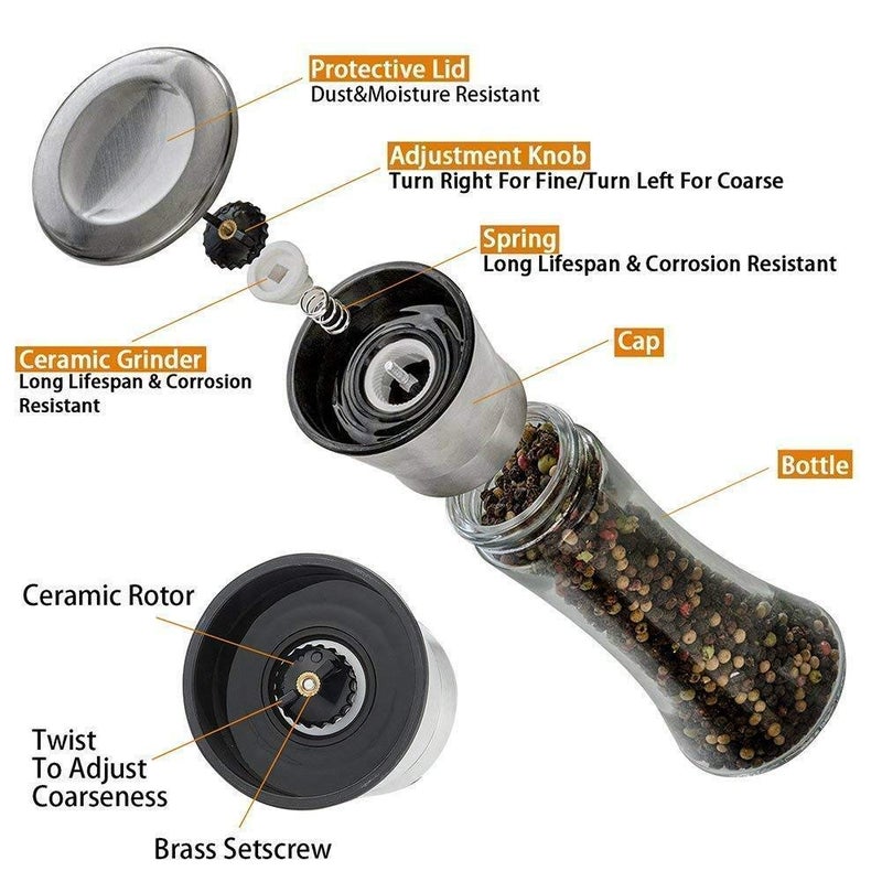 Baskety Stainless Steel Salt or Pepper Grinder Glass Salt or Pepper Shakers with Adjustable Coarseness Tall Pack 1 - Image 3