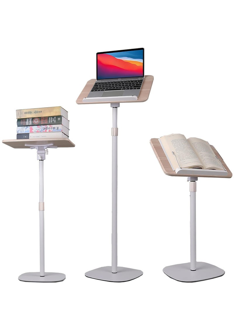 WALALLA Book Stand for Reading Adjustable Podium Stand,Cook Book Stand, Music Display Stand, Wooden Floor Dictionary Holder Stand with Page Paper Clip, white - Image 1