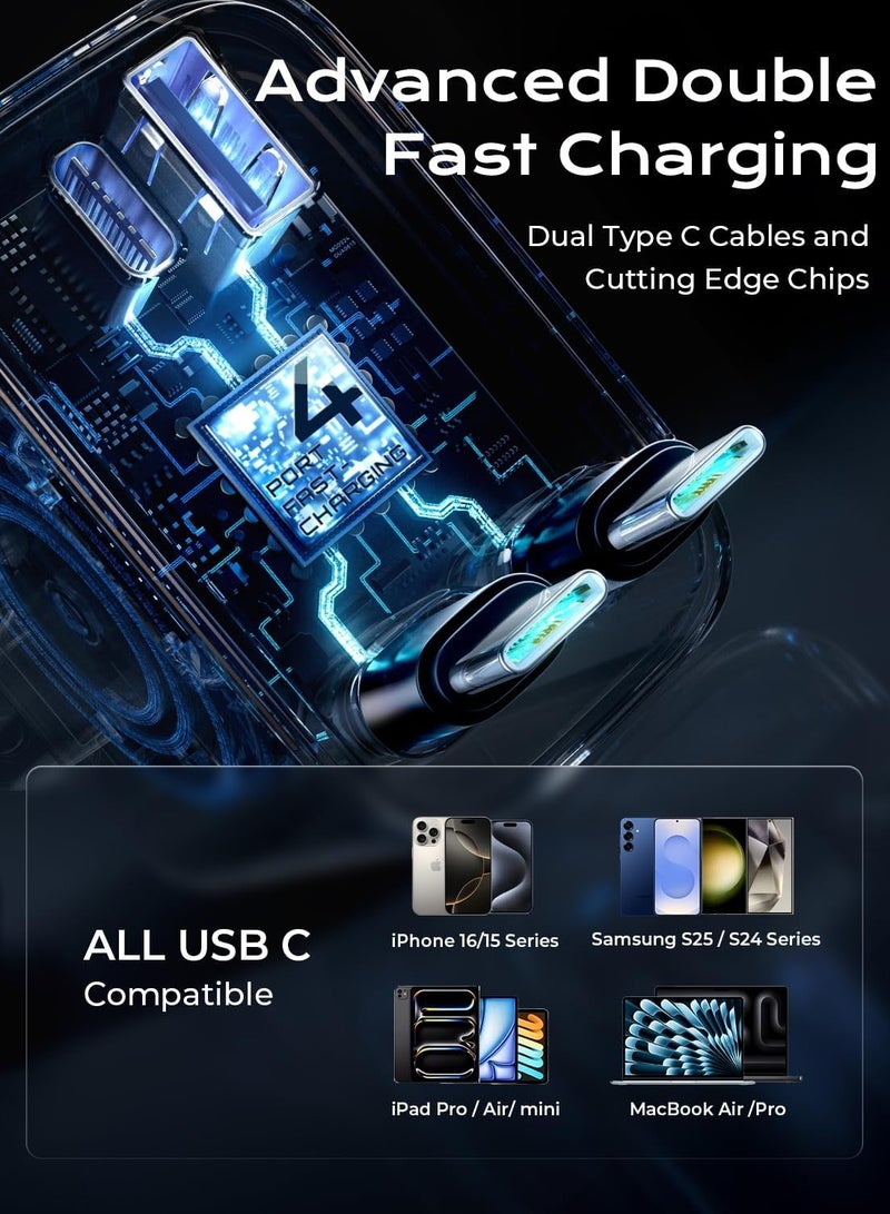 general iPhone 16 Car Charger Fast Charging 69W Retractable Car Charger with Dual Type C Cables USB C Car Charger Adapter for 17 iPhone 15 Pro Max, Samsung Galaxy S25, iPad Air, Google Pixel 10 Pro - Image 3