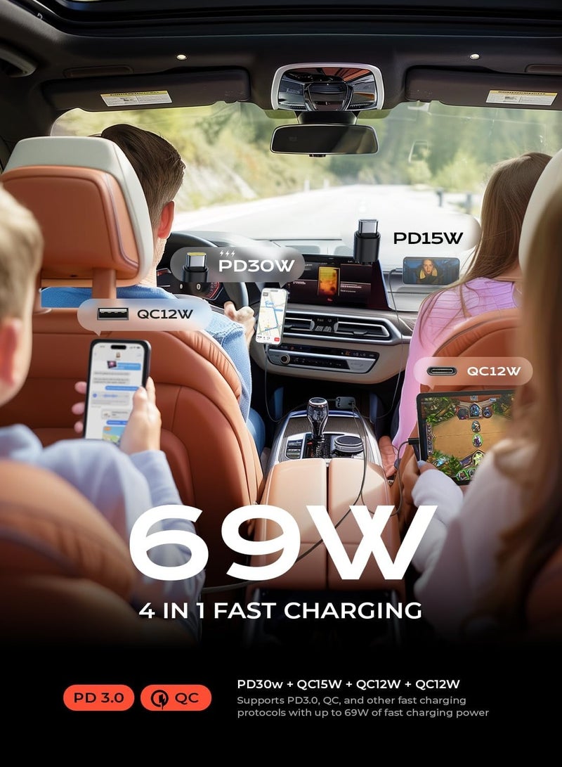 general iPhone 16 Car Charger Fast Charging 69W Retractable Car Charger with Dual Type C Cables USB C Car Charger Adapter for 17 iPhone 15 Pro Max, Samsung Galaxy S25, iPad Air, Google Pixel 10 Pro - Image 5