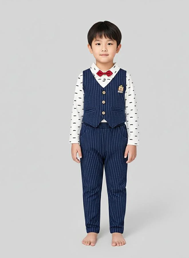 babyqlo Navy Striped Waistcoat Set With Red Bow Tie