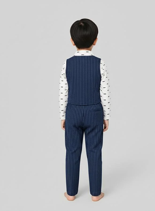 babyqlo Navy Striped Waistcoat Set With Red Bow Tie