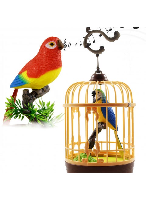Singing And Chirping Bird In Cage | Battery Operated And Sound Activated Parakeet On Tree Branch | Realistic Desk Accessory